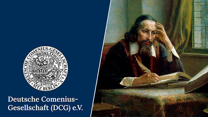 rechts Logo der Gesellschaft, links Gemälde von Comenius