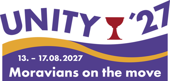 Logo Unity '27 mit Schriftzug und rotem Kelch in der Mitte, darunter der Schriftzug Moravians on the Move