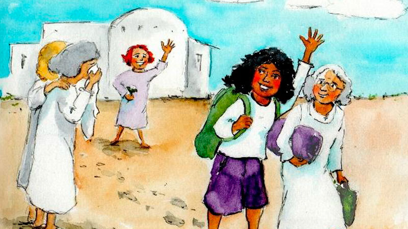 Zeichnung von Margit Lessing. Zu sehen sind Frauen, die Abschied voneinander nehmen.